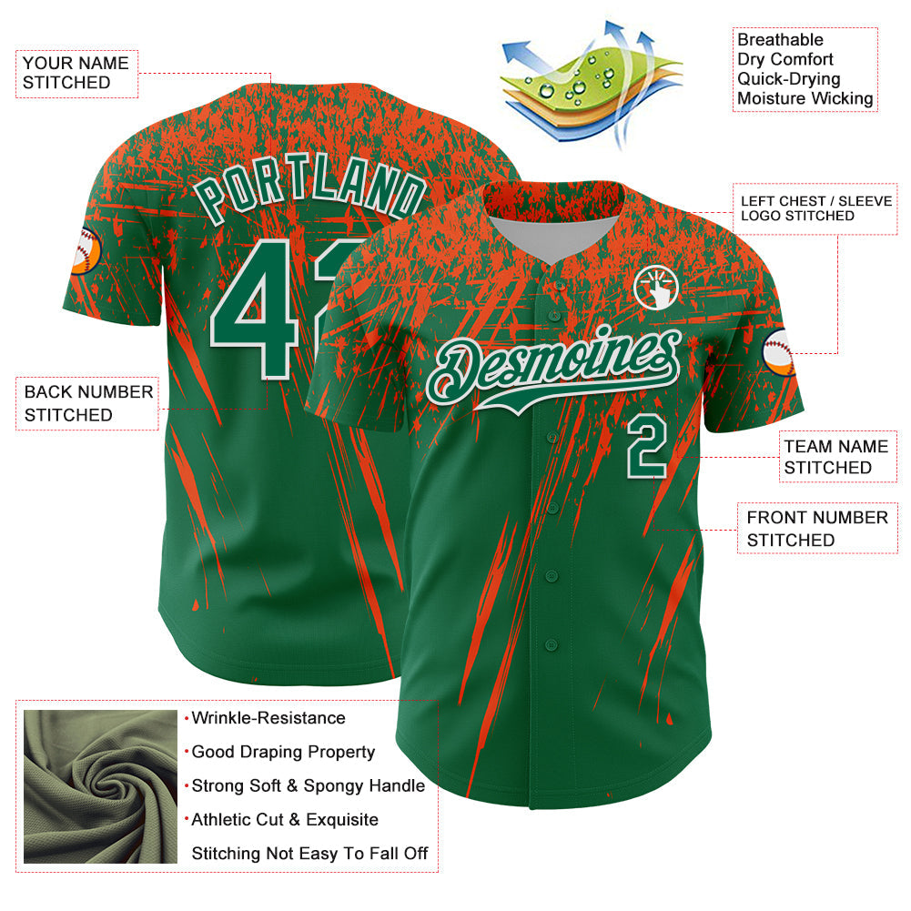 Custom Kelly Green Orange-White Distressed Scratch Brush Stroke Authentic Baseball Jersey