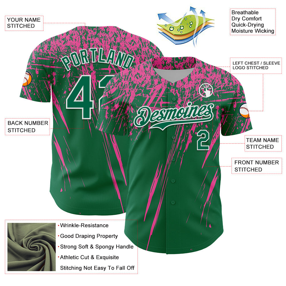 Custom Kelly Green Pink-White Distressed Scratch Brush Stroke Authentic Baseball Jersey