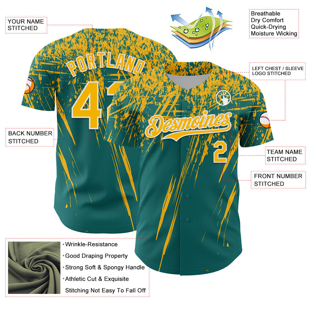 Custom Teal Gold-White Distressed Scratch Brush Stroke Authentic Baseball Jersey