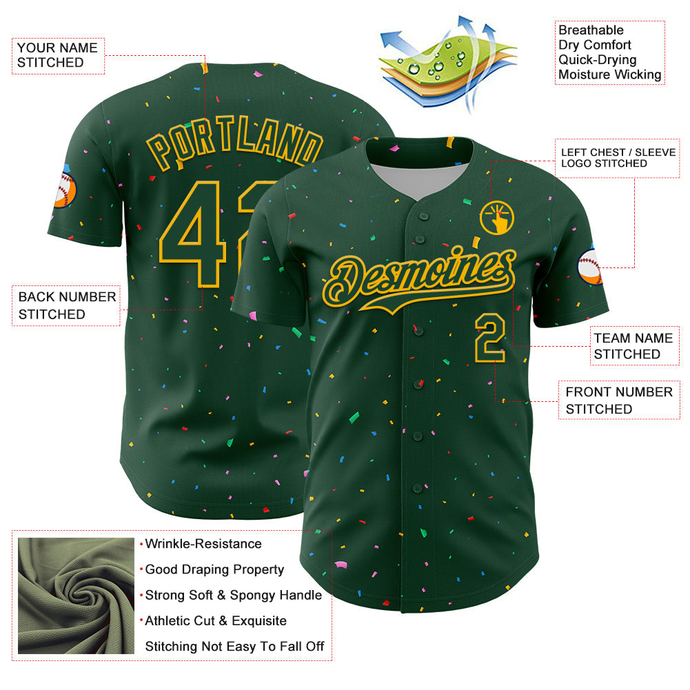 Custom Green Gold 3D Pattern Design Confetti Colorful Speckle Authentic Baseball Jersey