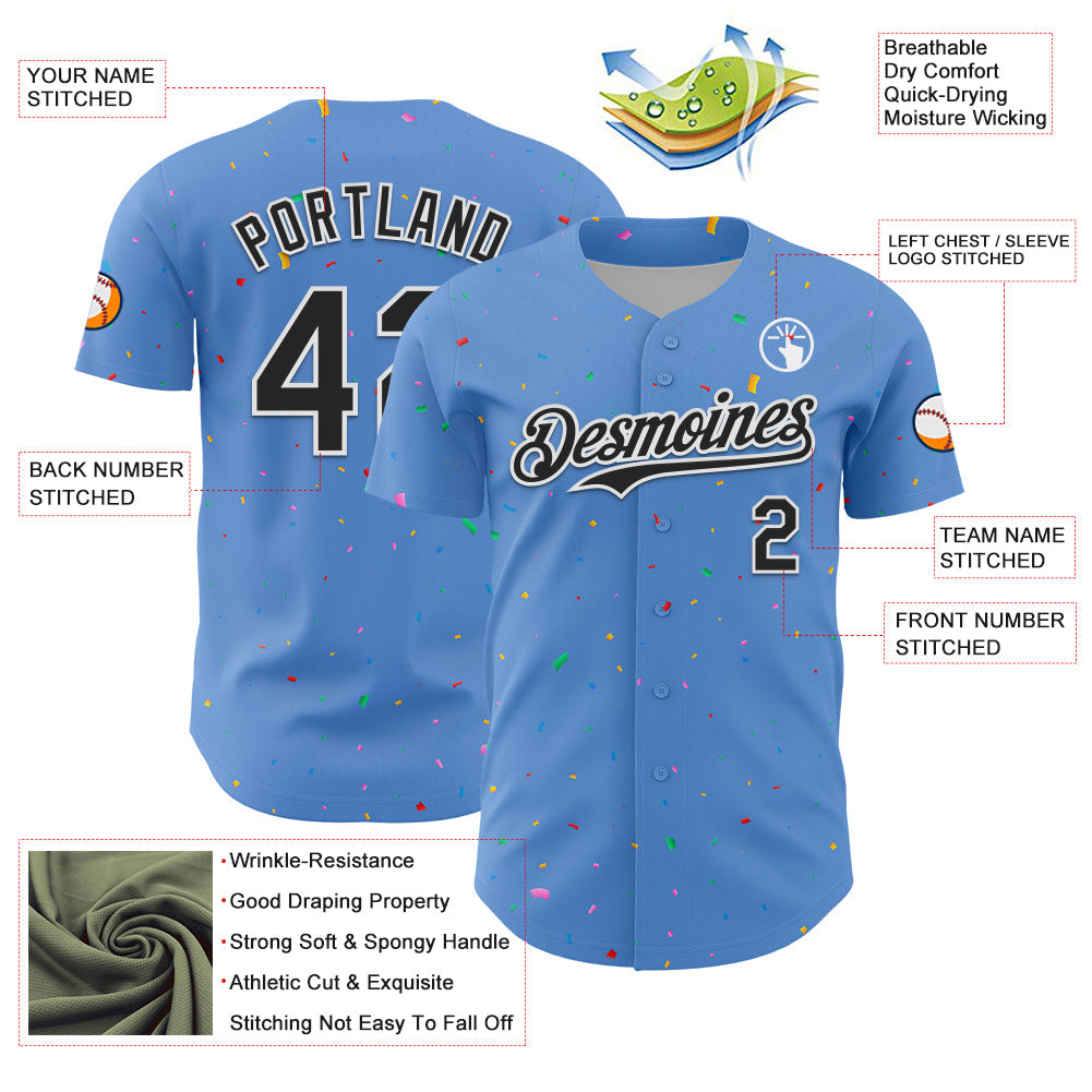 Custom Powder Blue Black-White 3D Pattern Design Confetti Colorful Speckle Authentic Baseball Jersey