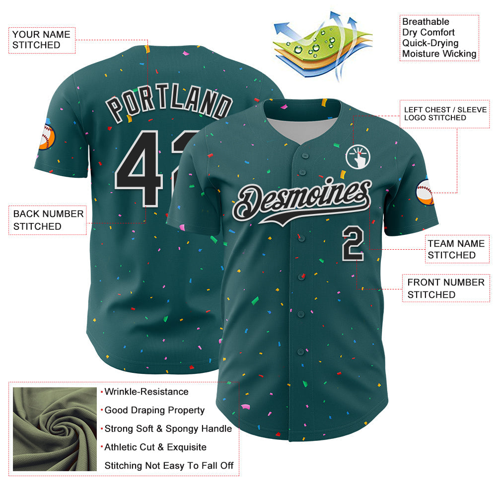 Custom Midnight Green Black-White 3D Pattern Design Confetti Colorful Speckle Authentic Baseball Jersey