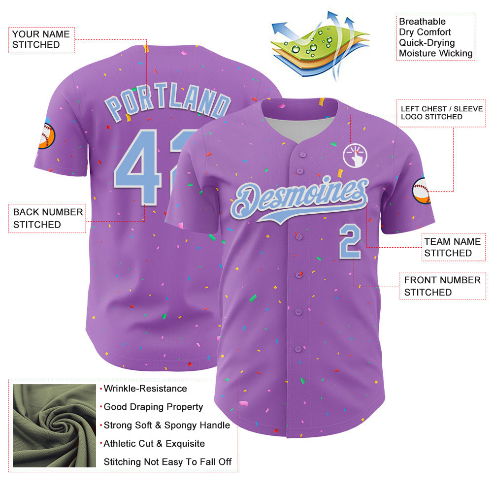 Custom Medium Purple Light Blue-White 3D Pattern Design Confetti Colorful Speckle Authentic Baseball Jersey
