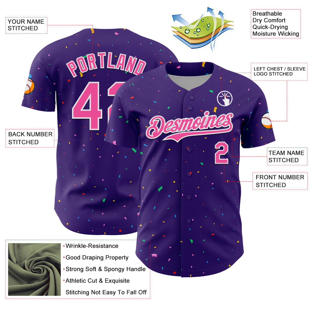 Custom Purple Pink-White 3D Pattern Design Confetti Colorful Speckle Authentic Baseball Jersey