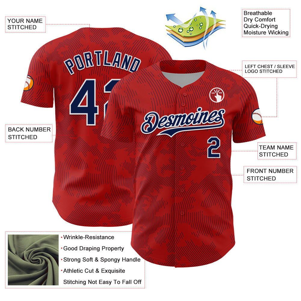 Custom Red Navy-White Curve Lines Authentic Baseball Jersey