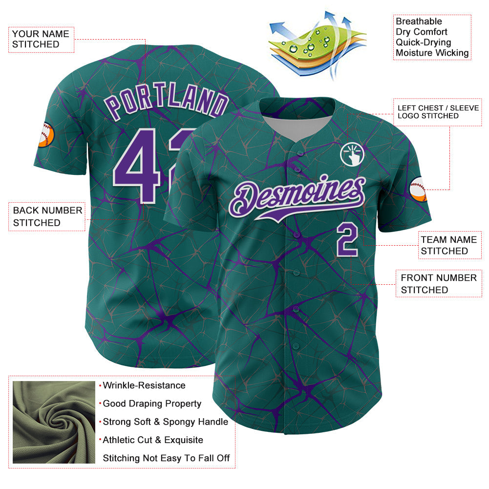 Custom Teal Purple-White 3D Pattern Design Abstract Network Authentic Baseball Jersey