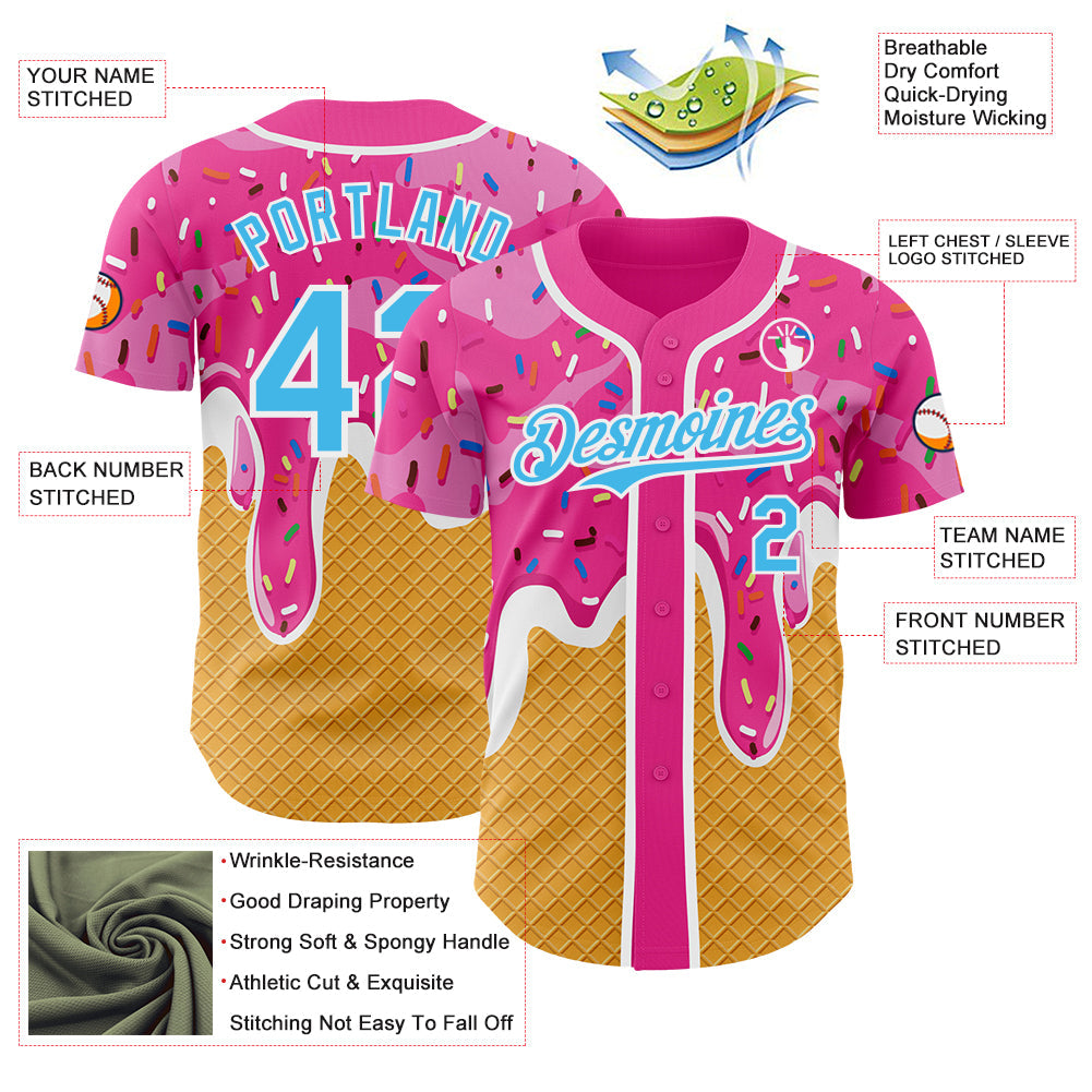 Custom Pink Sky Blue Yellow-White Foodie Food Dessert Melting Cream Waffle Grid Authentic Baseball Jersey