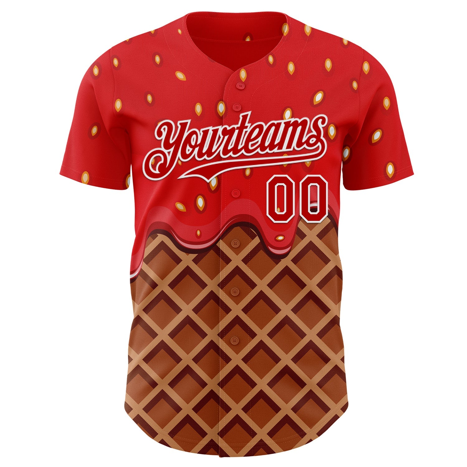 Custom Red Brown-White Foodie Food Dessert Melting Cream Waffle Grid Authentic Baseball Jersey