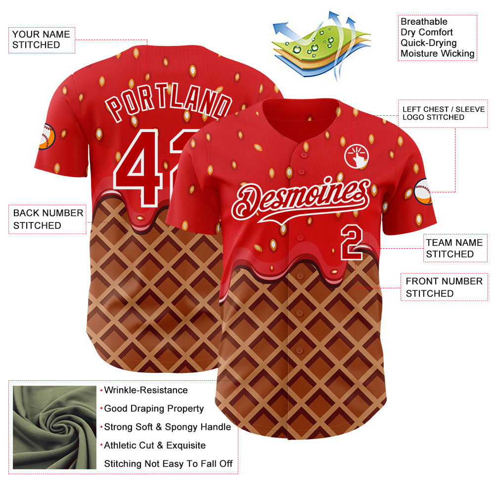 Custom Red Brown-White Foodie Food Dessert Melting Cream Waffle Grid Authentic Baseball Jersey