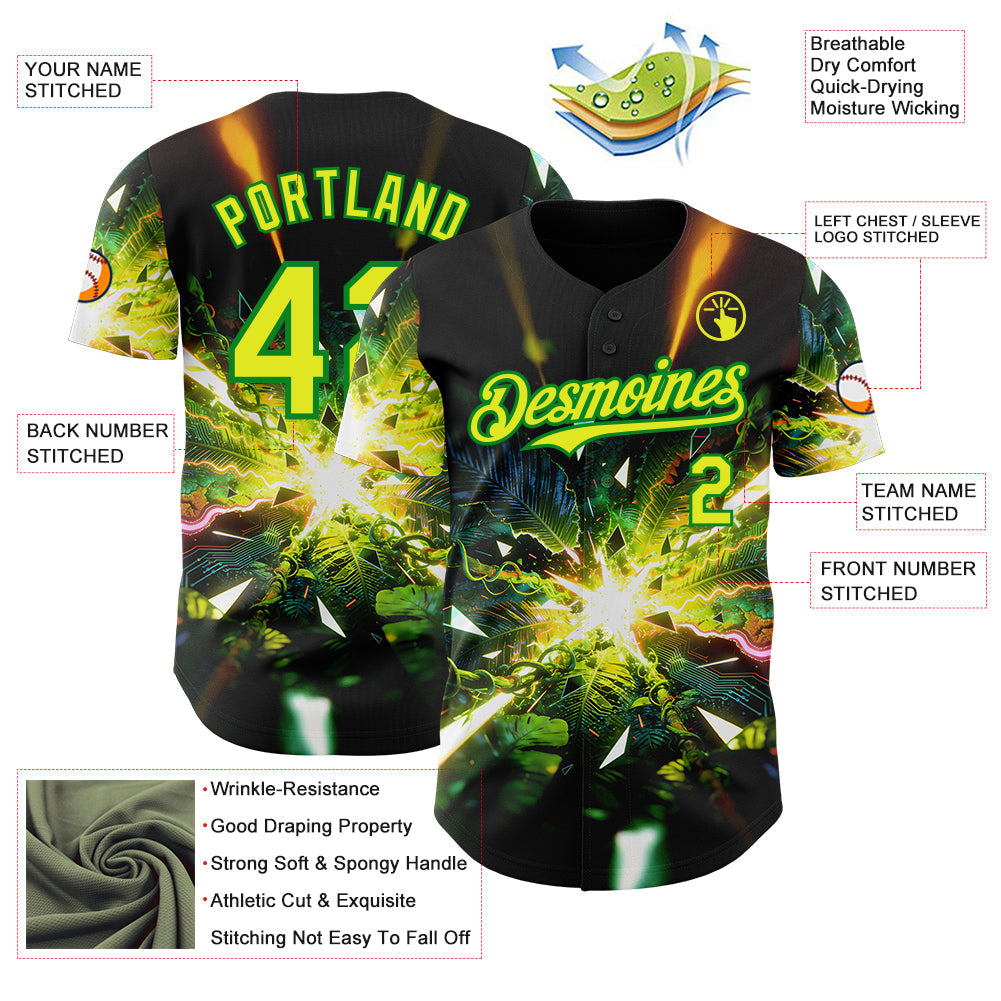 Custom Black Neon Yellow-Grass Green Cyber Tropical Palm Trees Music Festival Authentic Baseball Jersey