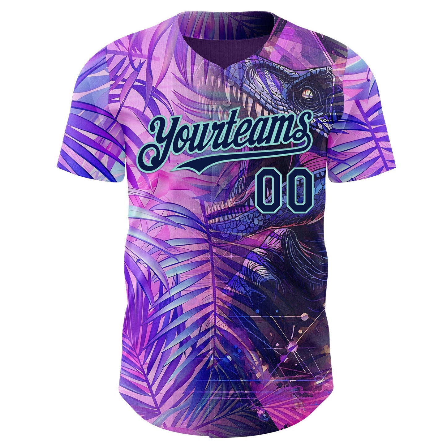 Custom Purple Navy-Ice Blue Cyber Tropical Palm Trees Dinosaur Gothic Fantasy Authentic Baseball Jersey