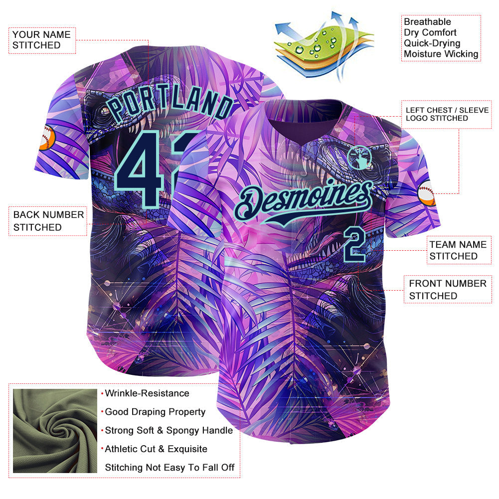 Custom Purple Navy-Ice Blue Cyber Tropical Palm Trees Dinosaur Gothic Fantasy Authentic Baseball Jersey