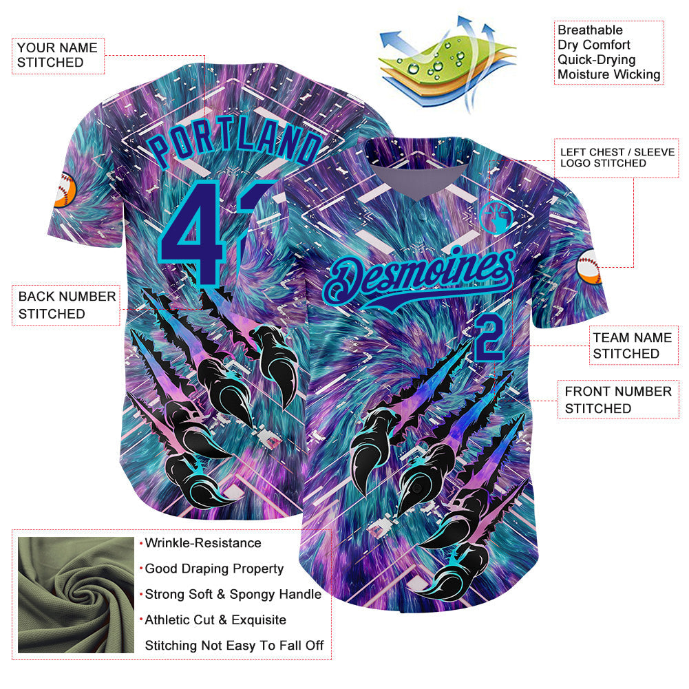 Custom Purple Dark Purple Black-Lakes Blue Cyber Tropical Palm Trees Music Festival Claw Marks Authentic Baseball Jersey