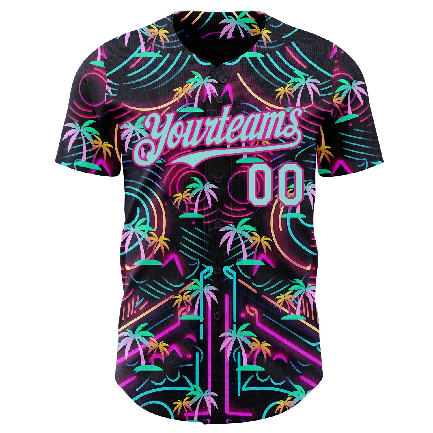 Custom Black Ice Blue-Deep Pink Cyber Tropical Palm Trees Music Festival Authentic Baseball Jersey