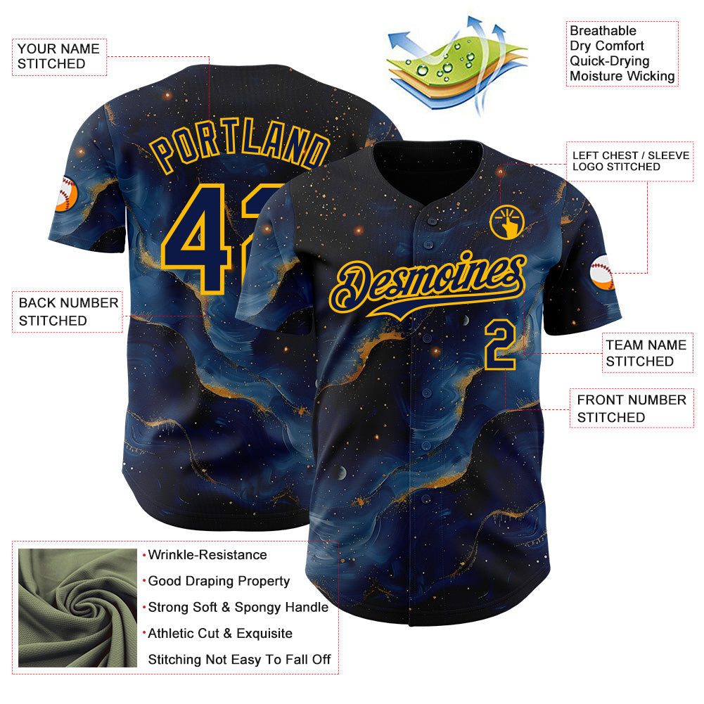 Custom Black Navy-Gold Galaxy Star Nebula Authentic Baseball Jersey