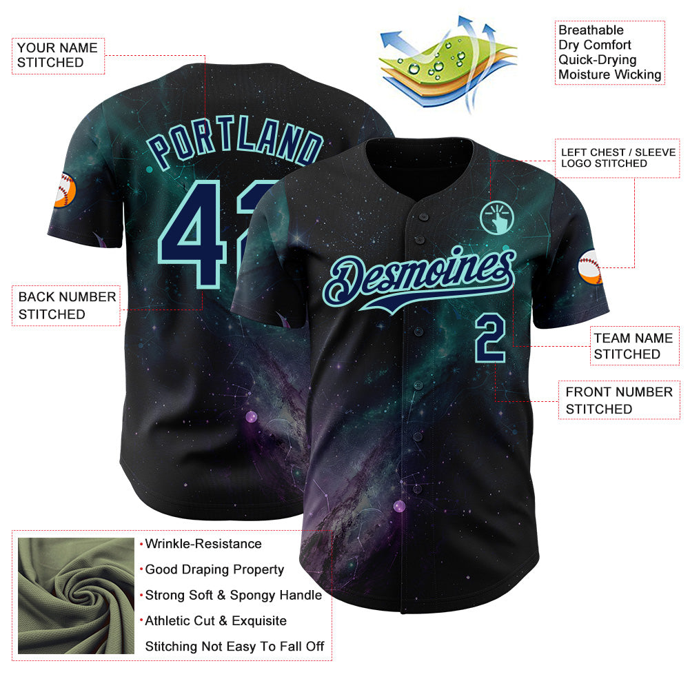 Custom Black Navy-Ice Blue Galaxy Star Nebula Authentic Baseball Jersey