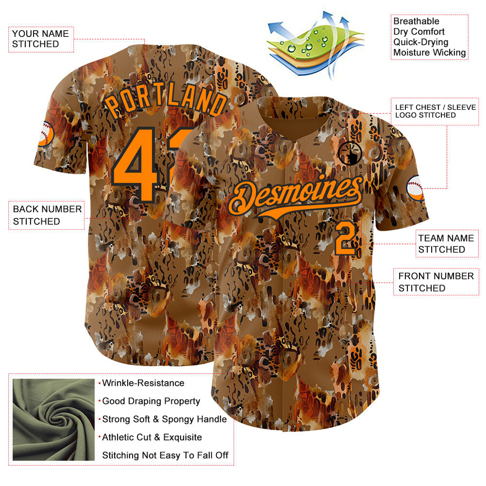 Custom Brown Bay Orange-Black Leopard Print Authentic Baseball Jersey