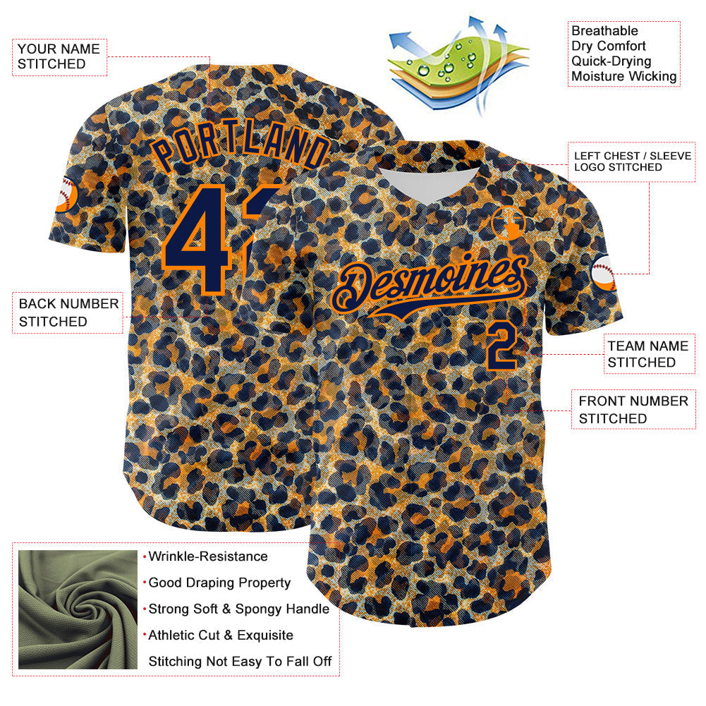 Custom Blue Navy-Bay Orange Leopard Print Authentic Baseball Jersey