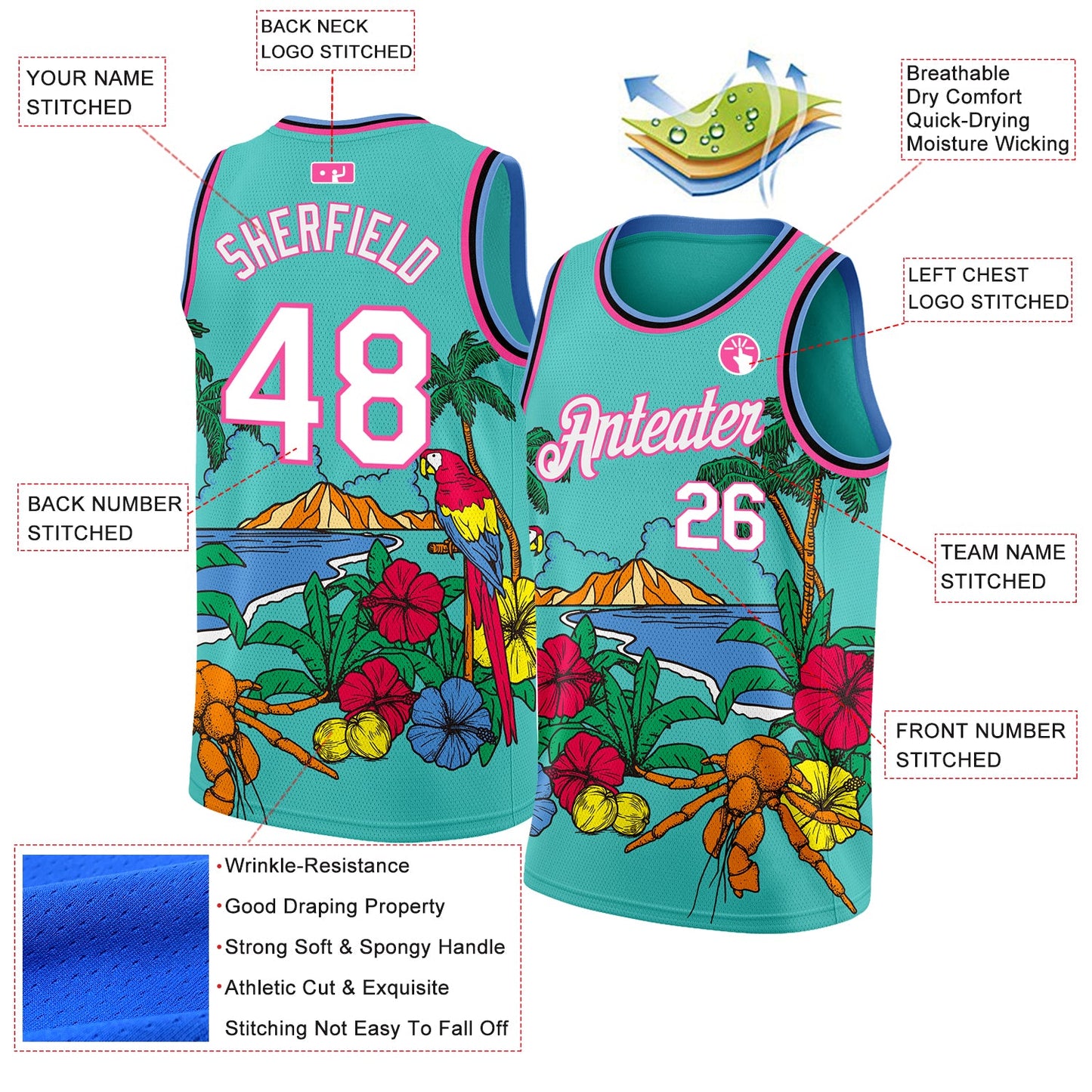 Custom Aqua Pink Light Blue-Black 3D Pattern Tropical Beach Hawaii Palm Trees Authentic Basketball Jersey... (Image 2)