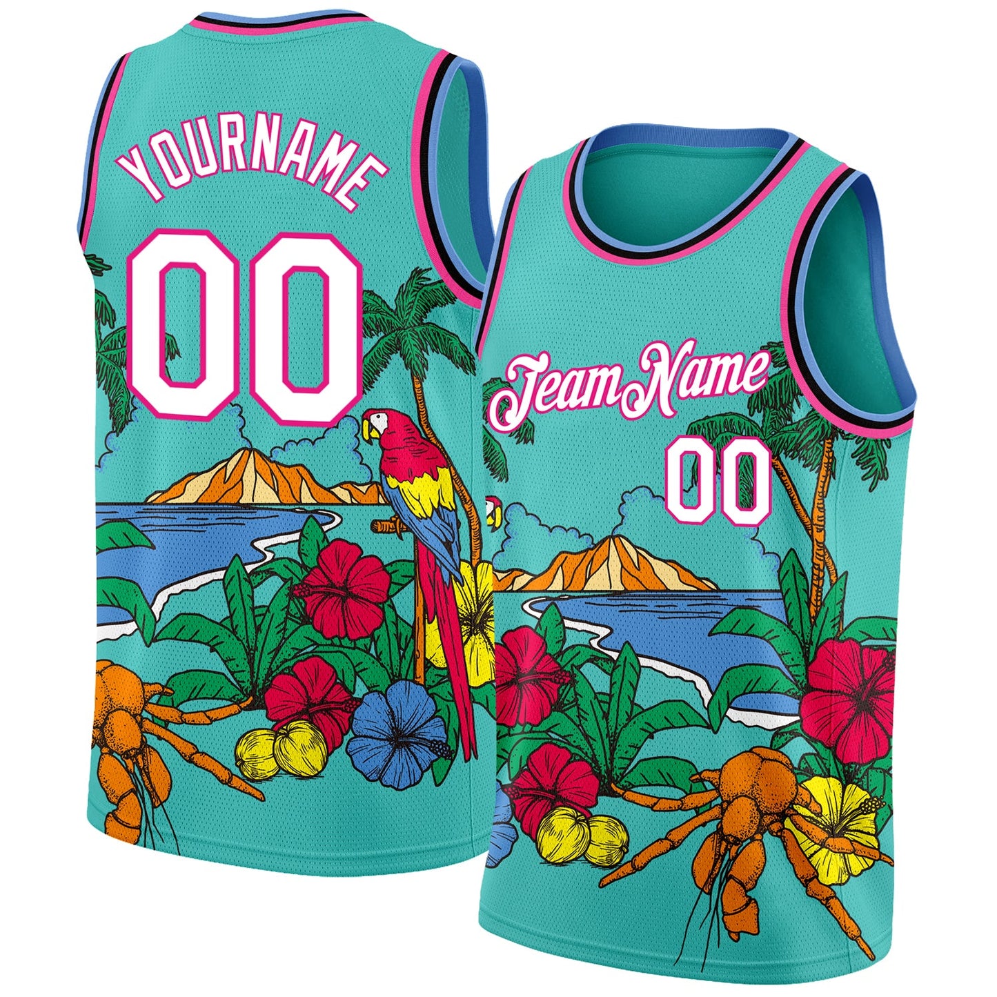 Custom Aqua Pink Light Blue-Black 3D Pattern Tropical Beach Hawaii Palm Trees Authentic Basketball Jersey... (Image 1)