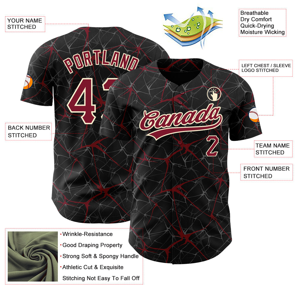 Custom Black Crimson-Cream 3D Pattern Design Abstract Network Authentic Baseball Jersey T-Shirts, Hoodie,... (Image 3)