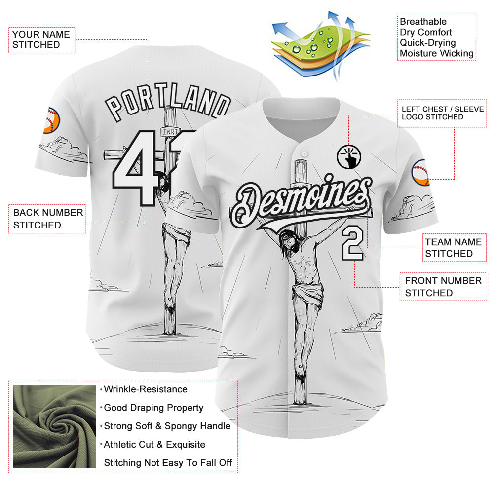 Custom White Black 3D Pattern Design Religion Cross Jesus Christ Good Friday Authentic Baseball Jersey