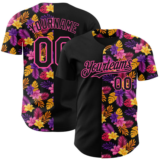 Custom Black Pink 3D Pattern Design Tropical Flower And Hawaii Palm Leaves Authentic Baseball Jersey T-Shirts,... (Image 1)
