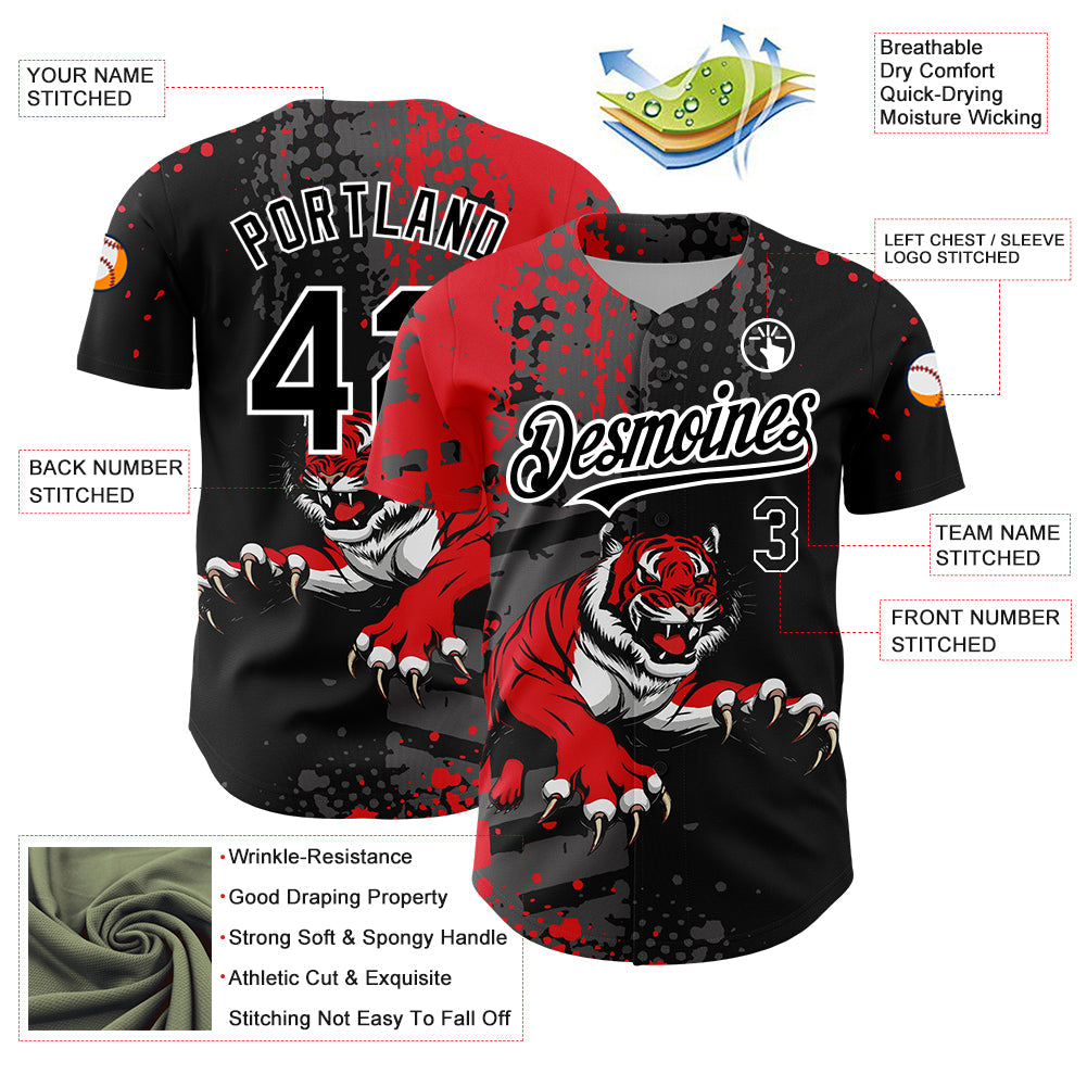 Custom Black Red-White 3D Pattern Design Animal Tiger Authentic Baseball Jersey T-Shirts, Hoodie, Sweatshirt (Image 3)