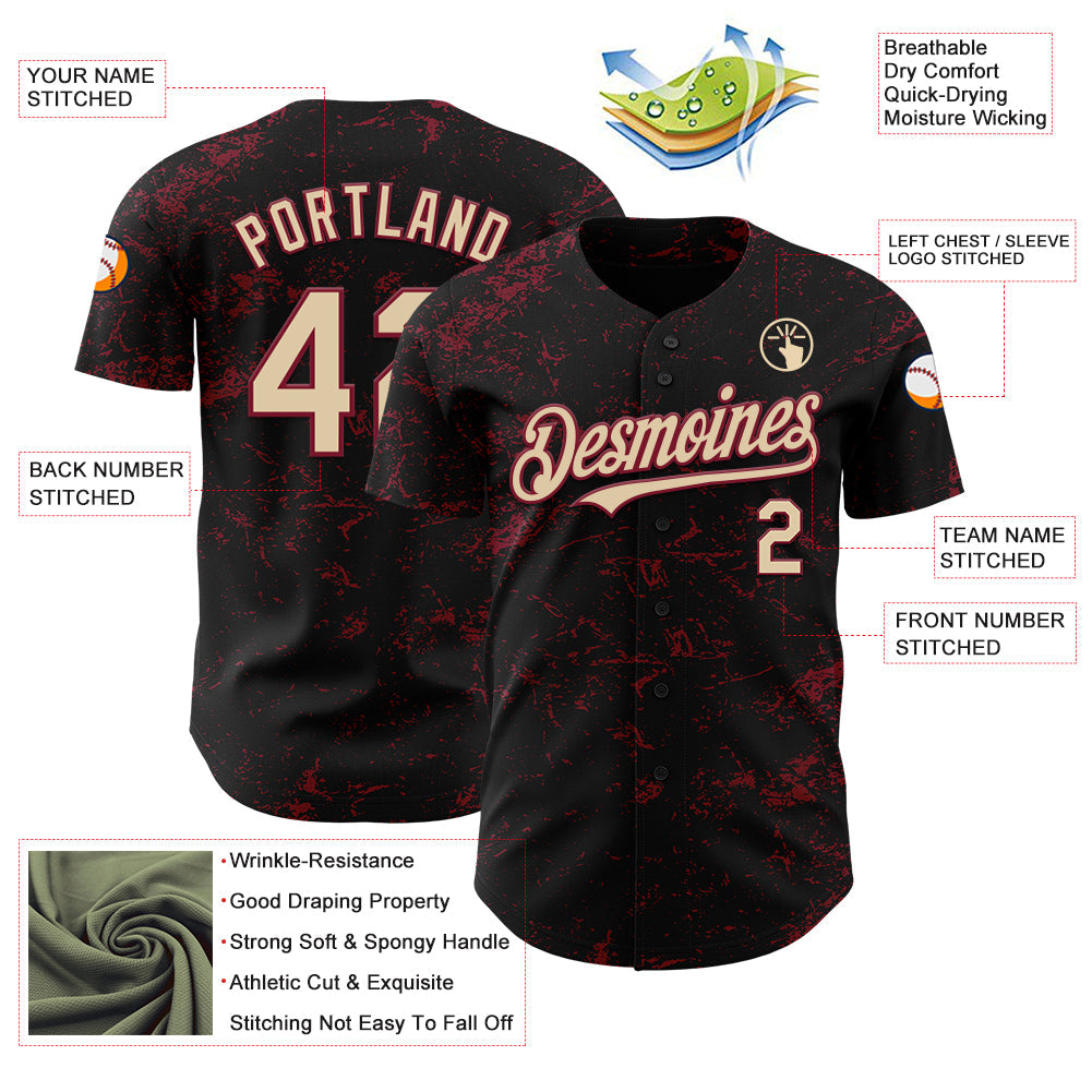 Custom Black City Cream-Crimson 3D Pattern Design Abstract Splatter Texture Authentic Baseball Jersey T-Shirts,... (Image 3)