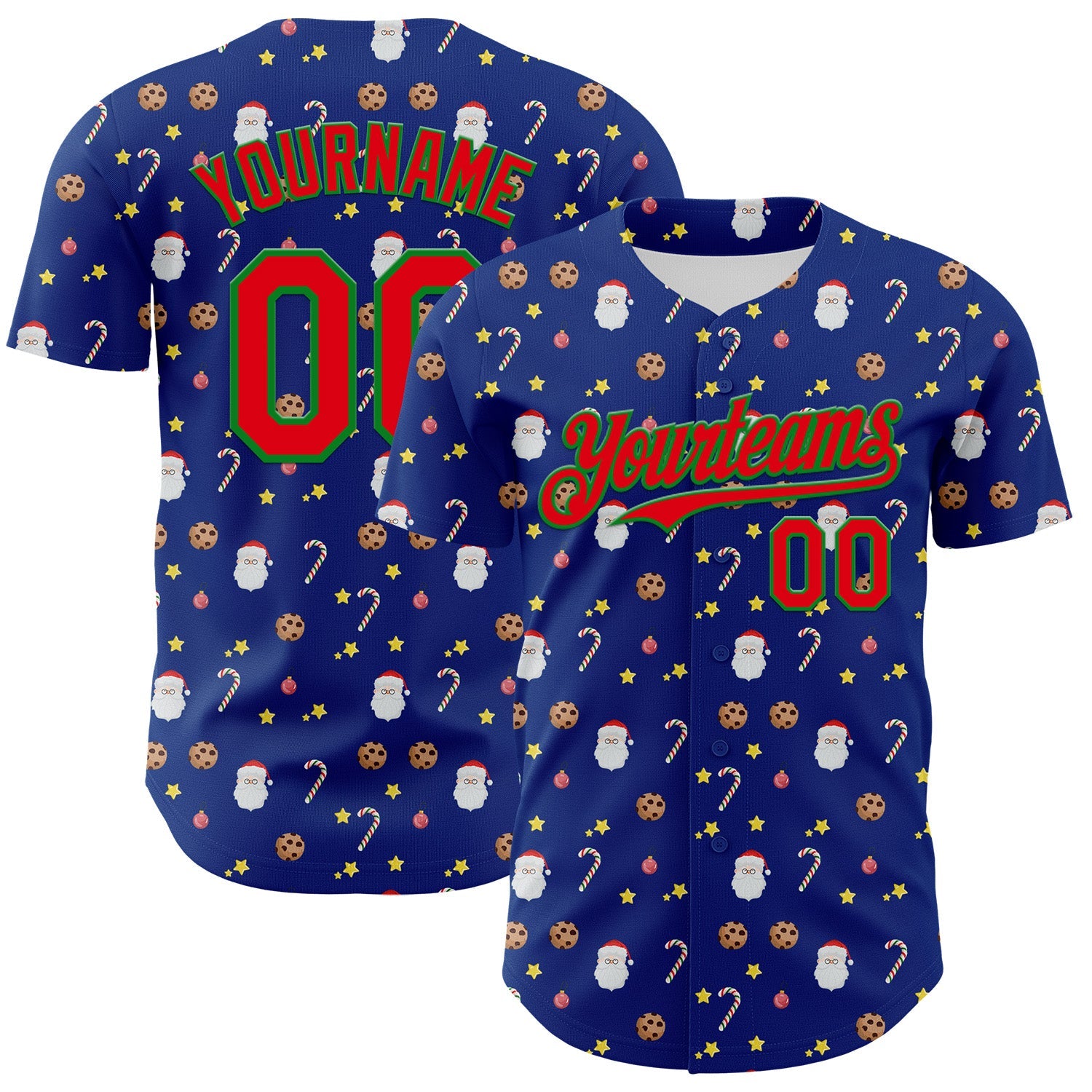 Custom Royal Fire Red-Grass Green 3D Pattern Design Christmas Foodie Food Snack Chocolate Cookie Candy Cane Authentic Baseball Jersey