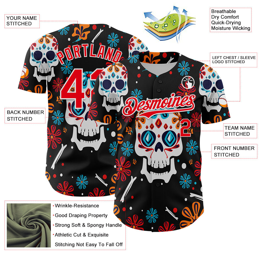 Custom Kelly Green Fire Red-White 3D Mexican Festival Flower And Skull Cinco de Mayo Authentic Baseball Jersey... (Image 3)