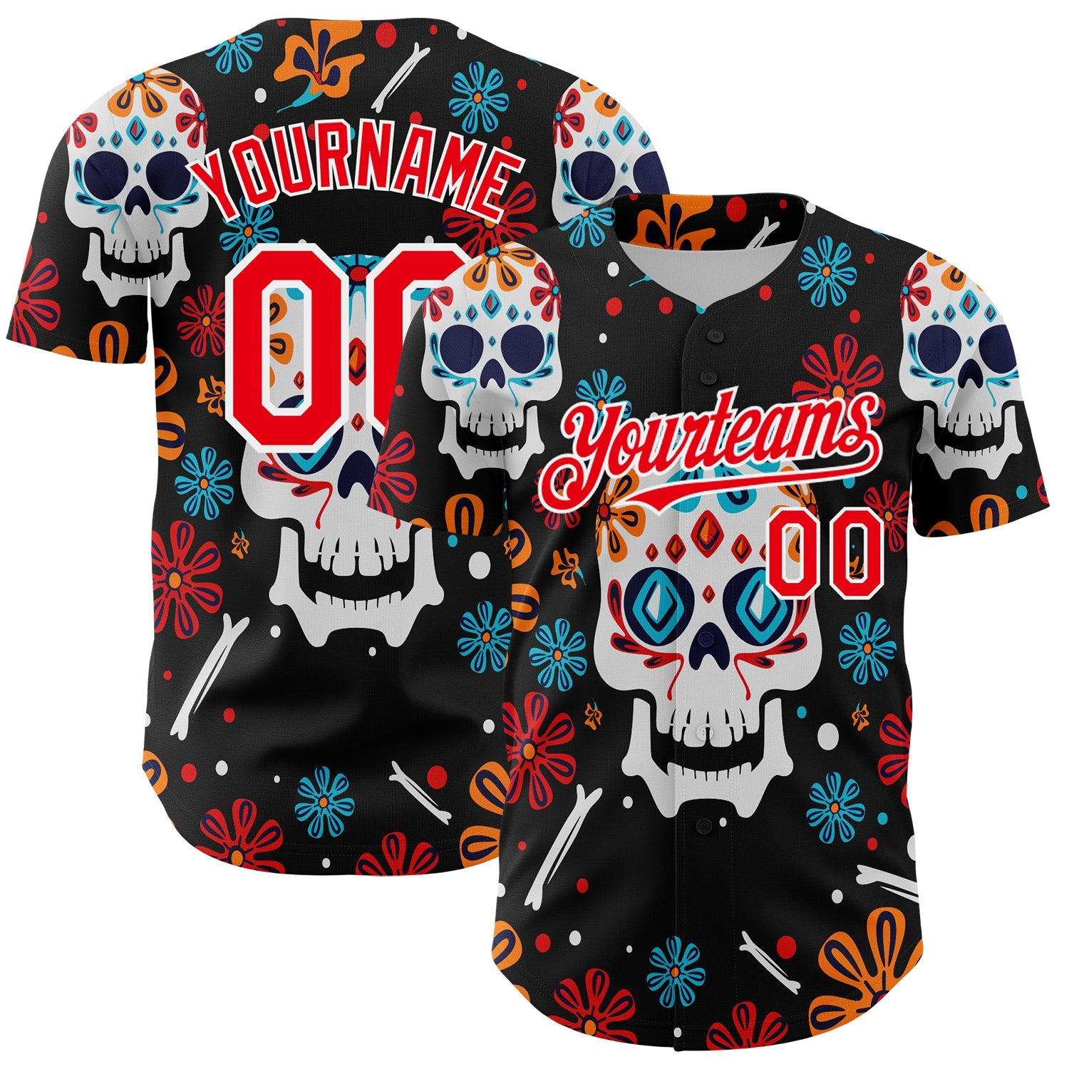 Custom Kelly Green Fire Red-White 3D Mexican Festival Flower And Skull Cinco de Mayo Authentic Baseball Jersey... (Image 1)
