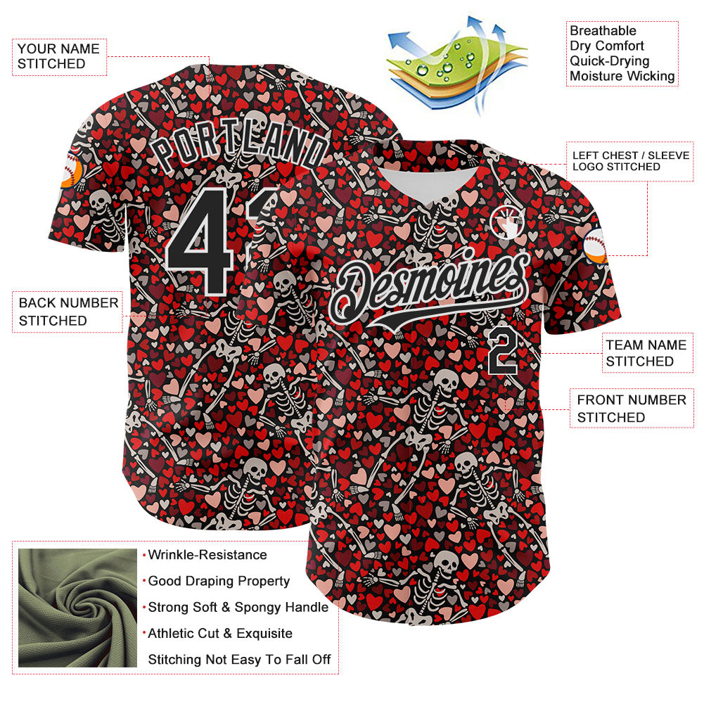Custom Black White 3D Skeleton And Heart Authentic Baseball Jersey