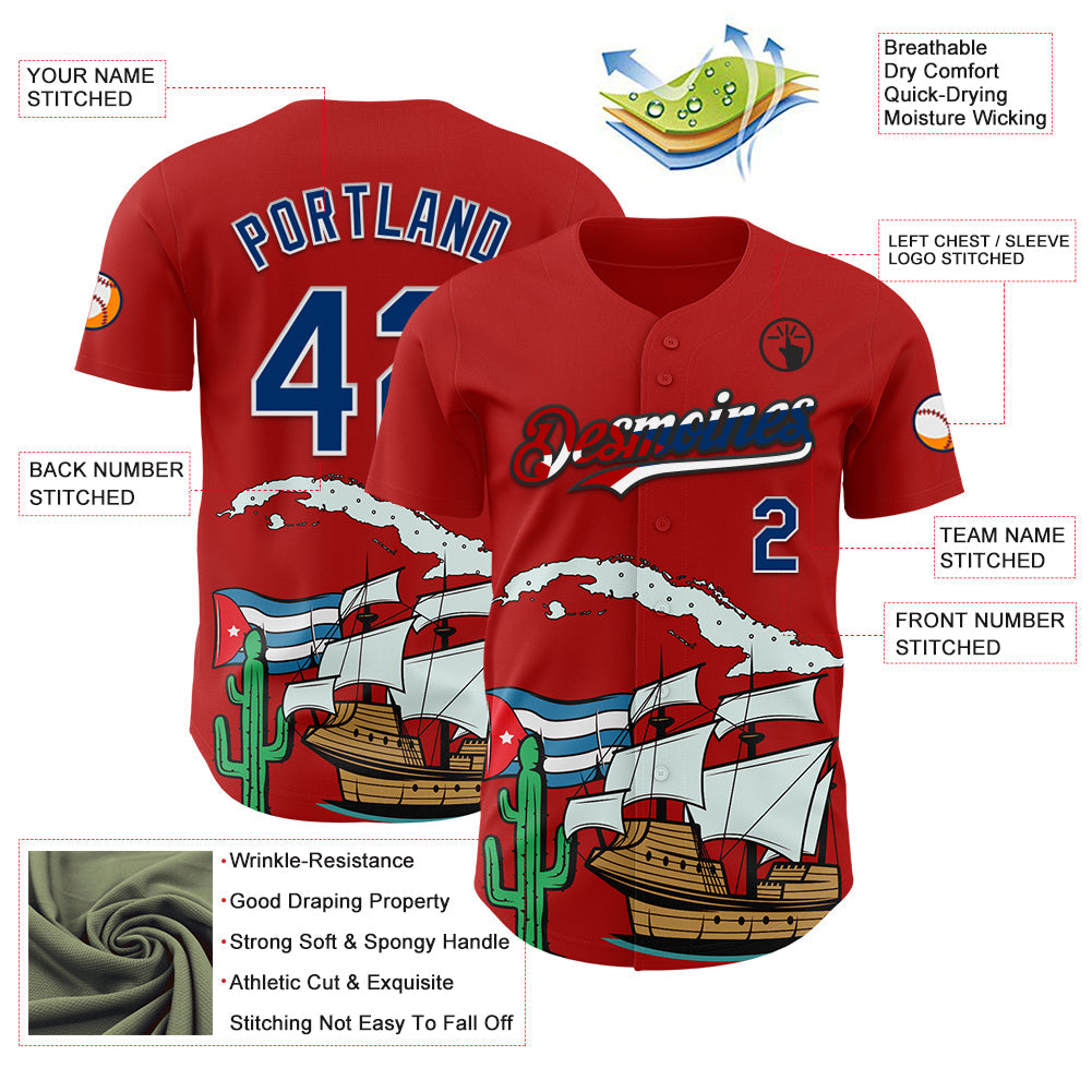 Custom Red US Navy Blue White Cuban Flag-Black 3D Cuba Authentic Baseball Jersey
