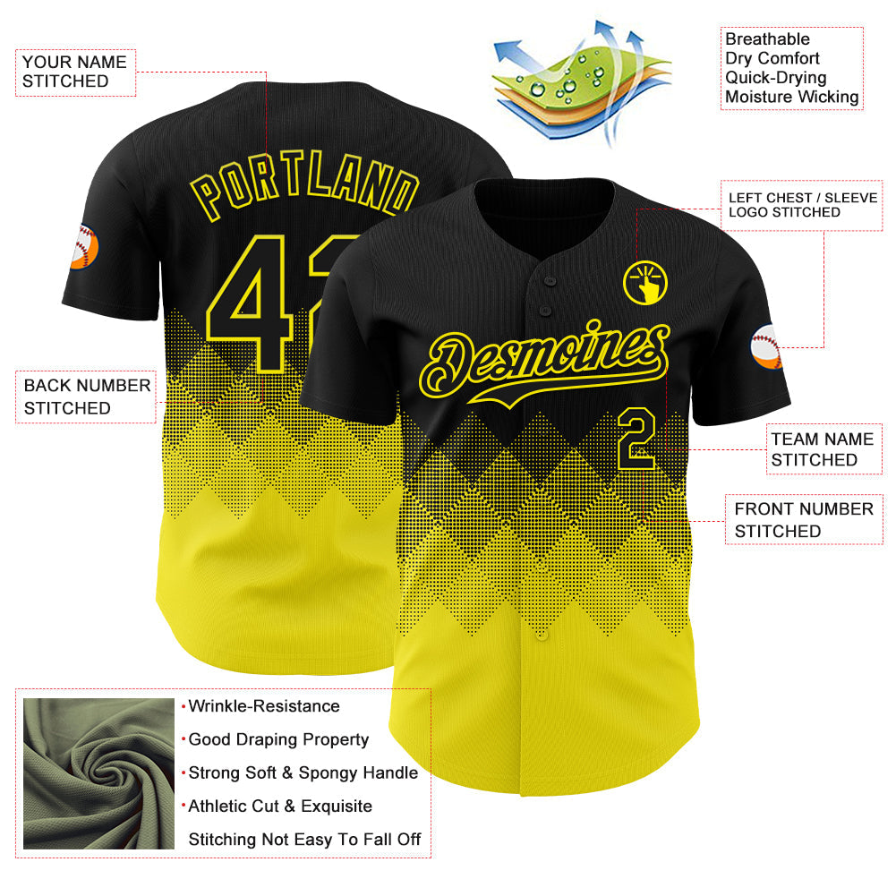 Custom Black Light Yellow 3D Gradient Square Shape Authentic Baseball Jersey