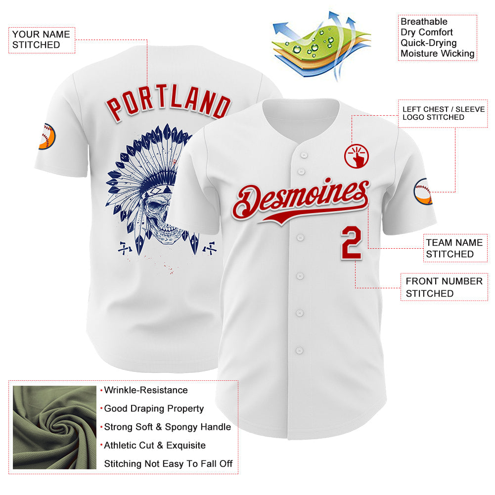 Custom White Red 3D Native American Skull Authentic Baseball Jersey