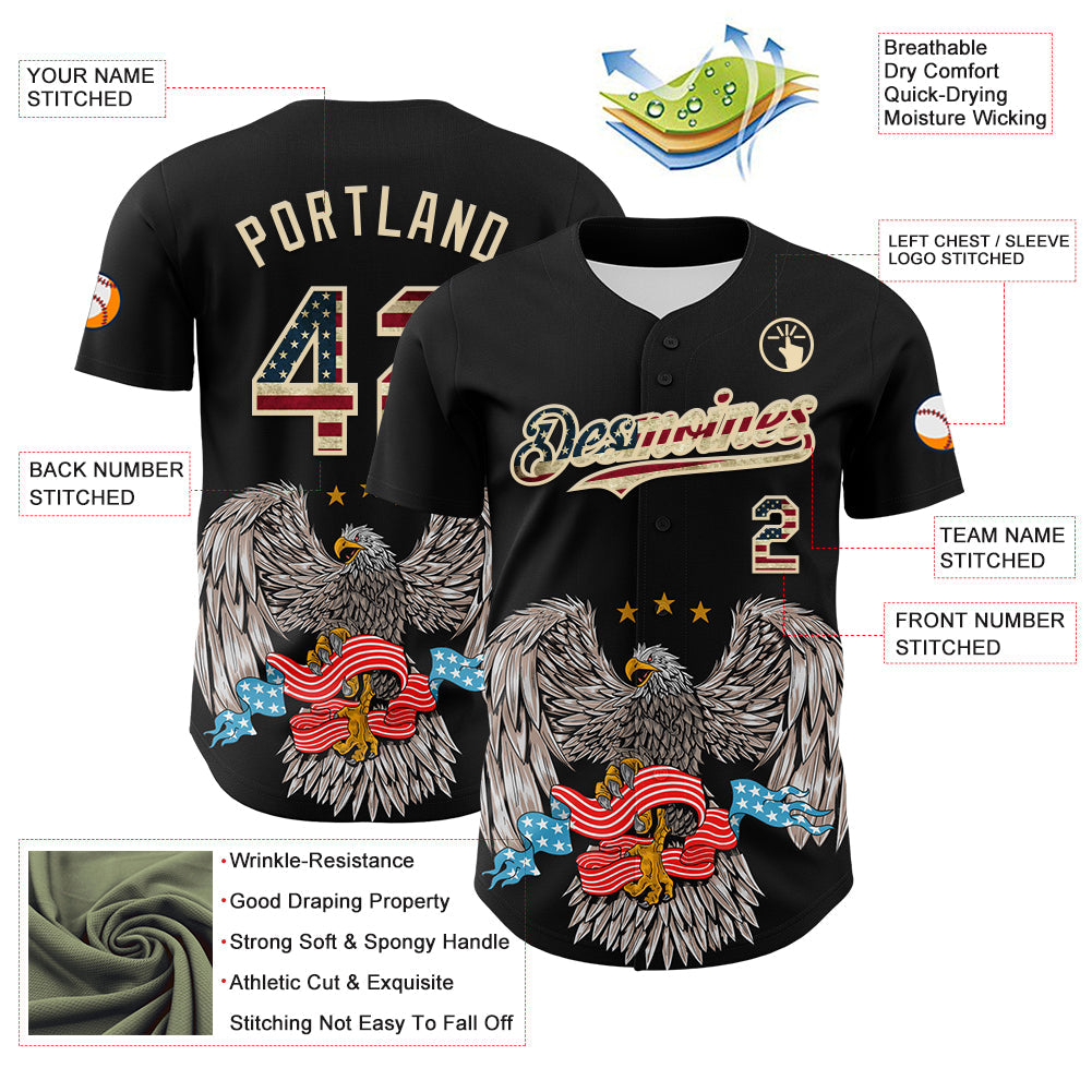 Custom Black Vintage USA Flag-Cream 3D Patriotic American Symbol Eagle Authentic Baseball Jersey