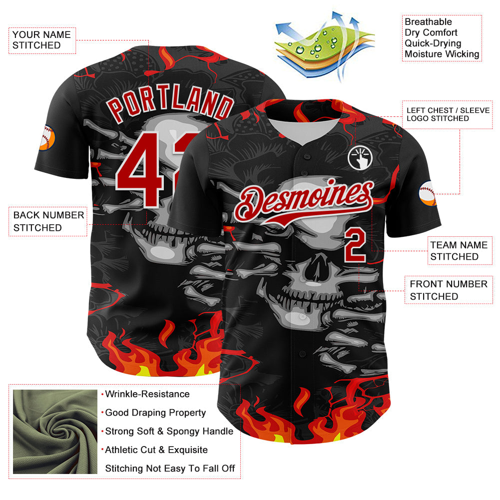 Custom Black Red-White 3D Pattern Design Burner Costumes Hellfire Skull Authentic Baseball Jersey T-Shirts,... (Image 3)