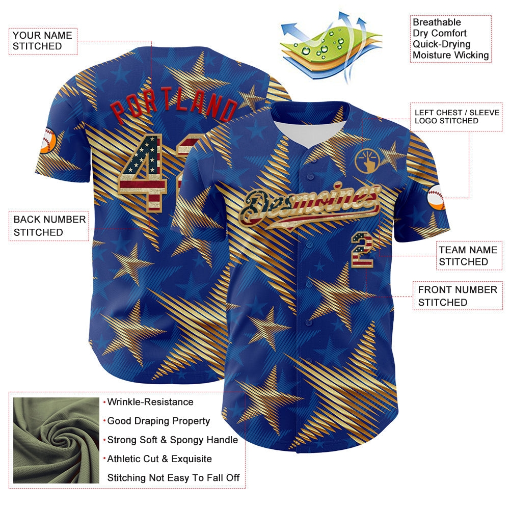 Custom Royal Vintage USA Flag Old Gold-Red 3D American Flag America-Inspired Stars Authentic Baseball Jersey