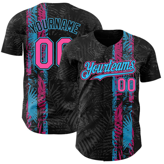 Custom Black Pink-Sky Blue Hawaii Tropical Palm Leaves Authentic Baseball Jersey