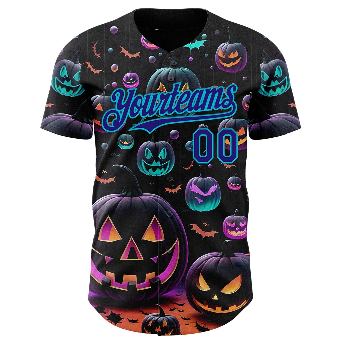 Custom Black Dark Purple-Lakes Blue 3D Halloween Spooky Pumpkin Authentic Baseball Jersey