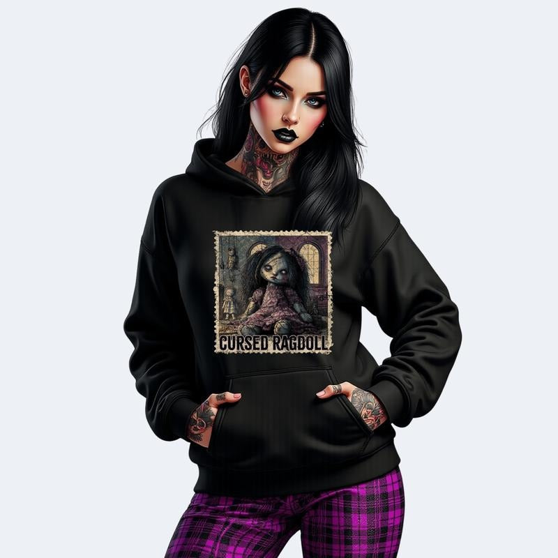 Cursed Ragdoll Women's Graphic Pocket Hoodie Long Sleeve Casual Crewneck Sweatshirt for Winter Halloween Pullover Tops for Men & Women Fashion 3/4 Sleeve Everyday Piece with Unique Graphic Print