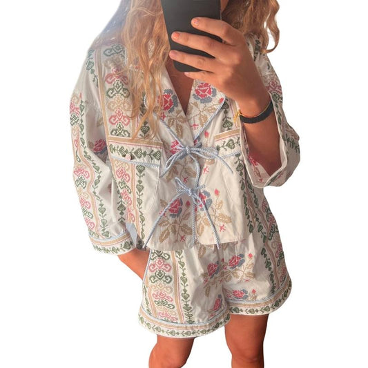 Women Y2k Casual Lounge Set 2 Piece Pajamas Set 3/4 Sleeve Floral Embroidery Tie Front Shirt High Waist Baggy Short 2 Pcs Pj Set Casual Outfits Set