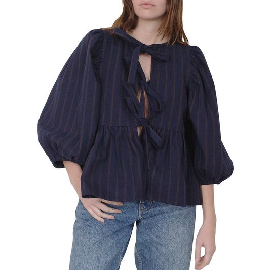 Puff Sleeve Tie Front Tops for Women Y2k 3/4 Sleeve Solid Color Ruffle Hem Peplum Babydoll Cardigan Coquette Cute Going Out Top Streetwear Aesthetic Clothes