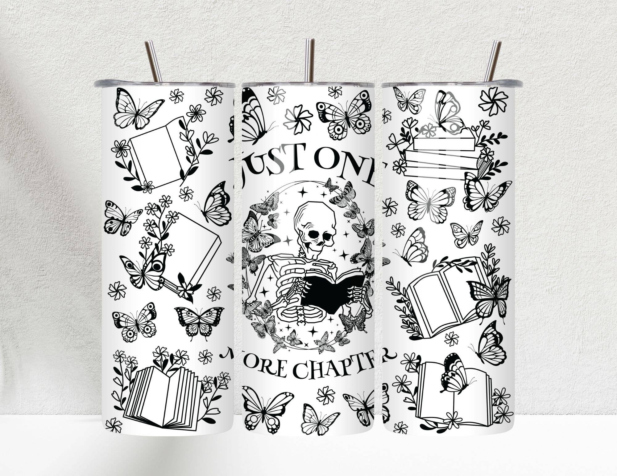 Just One More Chapter Skeleton Books 20oz Skinny Tumbler