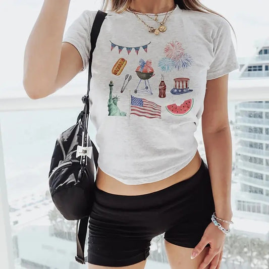 4th Of July Baby Tee, American Icons Baby Tee, Liberty Statue Graphic Baby Tee, Fourth Of July Baby Tee, Independence Day T-Shirt