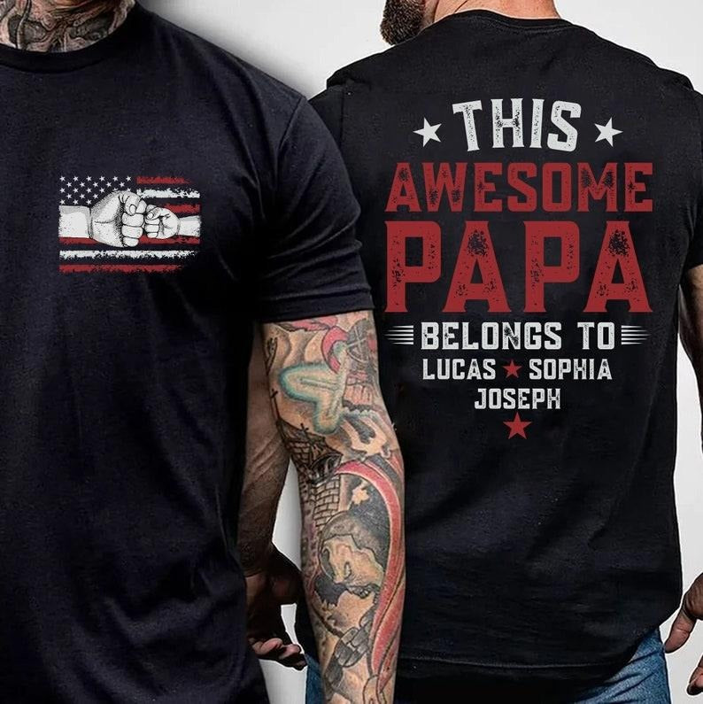 4th of July Papa Shirt, This awesome Papa Belongs to Shirt, Personalized Papa Shirt, Custom Grandkids Hands American Flag Shirt Shirt