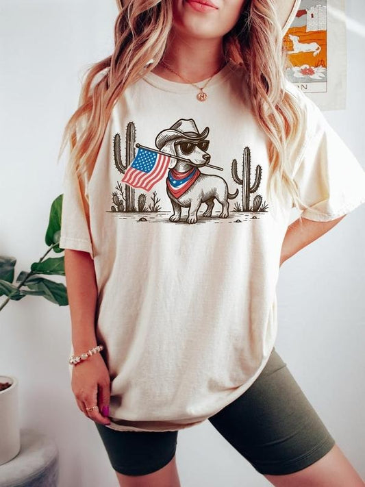 4th of July Patriotic Dachshund Shirt, Cowboy Dog USA Flag Western T-Shirt, Red White Blue Dog
