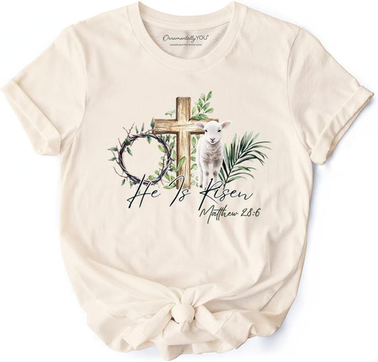 He is Risen Lamb Cross Christian Easter T-Shirt, Bible Verse Matthew 28:6 Tee