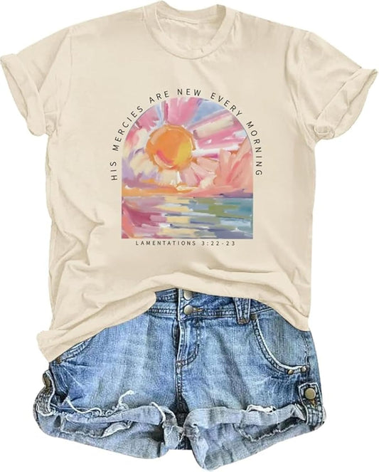 Christian Shirts for Women His Mercies are New Every Morning Tee Shirt Bible Verse Shirts Casual Short Sleeve Tops